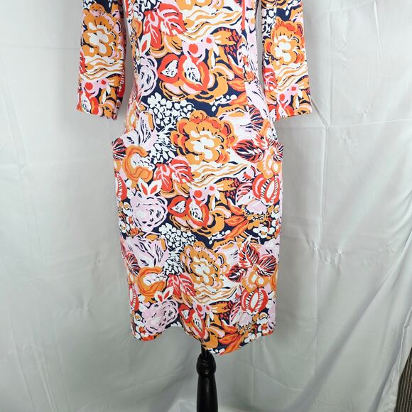 J.McLaughlin Multicolor Floral Shift Dress XS 3/4 Sleeve Stretch Knit w/ Pockets - Picture 4 of 13